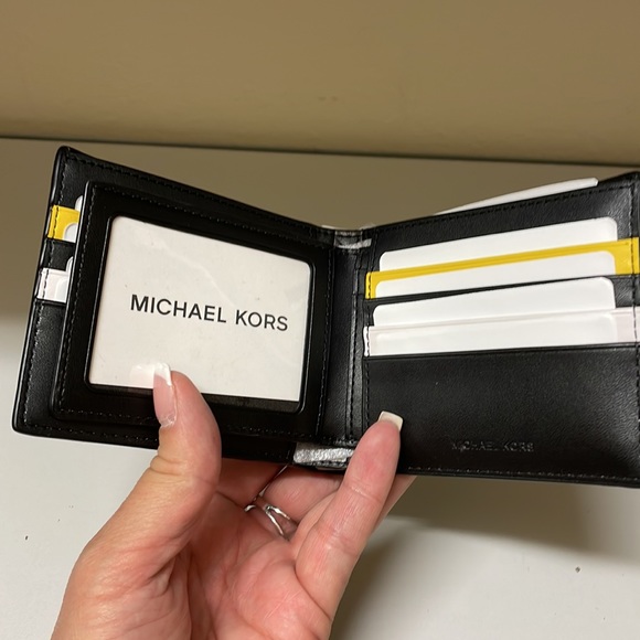 NWT $178 Michael Kors Cooper Logo Brown/Lemon PVC Billfold with Passcase Wallet - Picture 3 of 5